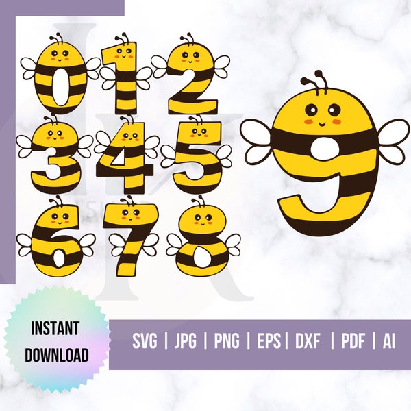 Numbers for Kids Birthday bundle 0-9 animal Bee numbers for Cricut & Silhouette png Gift for birthday party SVG AI