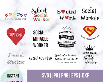 May include: A set of 10 SVG cut files for a social worker. The designs include text such as "Social Worker", "School Social Worker", "Social Miracle Worker", "I May Not Be A Superhero But I'm A Social Worker", "Super Social Worker", "Keep Calm I'm A Social Worker", and "Social Work".