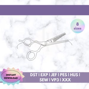 Peut inclure: Dessin au trait de ciseaux à effiler sur fond marbré. L'image comprend le texte "8 tailles" dans un cercle et "TÉLÉCHARGEMENT INSTANTANÉ" dans un rectangle arrondi. En dessous des ciseaux se trouvent les abréviations "DST | EXP | JEF | PES | HUS | SEW | VP3 | XXX".