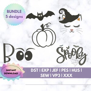 Peut inclure: Un lot de téléchargement numérique de 5 motifs de broderie sur le thème d'Halloween. Les motifs comprennent une chauve-souris, une citrouille, le mot "Boo" avec des yeux, un chat portant un chapeau de sorcière et le mot "Spooky" avec une toile d'araignée.