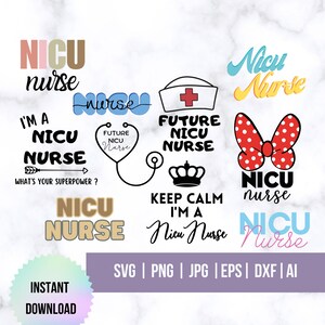 Peut inclure: Un ensemble de dix fichiers de découpe numériques pour une infirmière de néonatologie. Les motifs comprennent des textes tels que "NICU Nurse", "Future NICU Nurse", "Keep Calm I'm a NICU Nurse", et "I'm a NICU Nurse, What's Your Superpower?" Les motifs sont de différentes couleurs, notamment le rose, le bleu, le jaune et le noir.