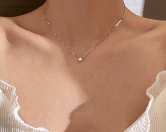 Simple Diamond Solitaire Sterling Silver Choker Necklace, Layered Necklace, Dainty Necklace, Delicate Necklace, Minimalism, Bridesmaid Gift