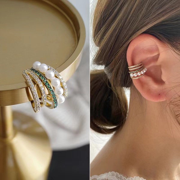 Gold Layered Ear Cuff, CZ and Pearl Ear Wrap, Silver Huggie Wrap Earring, Wide Ear Cuff, Conch Hoop, No Piercing Earring, Statement Earring