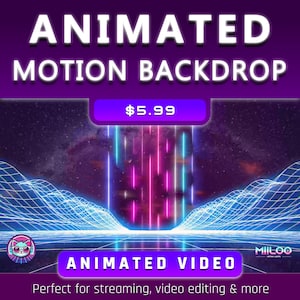 Könnte beinhalten: Digitalgrafik mit den Worten "ANIMATED MOTION BACKDROP" in weißer Schrift auf lila Hintergrund. Das Bild zeigt ein Rasterdesign und vertikale Neonlinien in Blau und Pink. Der Preis beträgt 5,99 €.