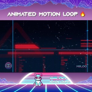 May include: Animated motion loop with a red and blue color scheme. The loop features a digital glitch effect with a cat wearing sunglasses in the bottom right corner. The text "MILOO MOTION LOOPS" is displayed below the cat.