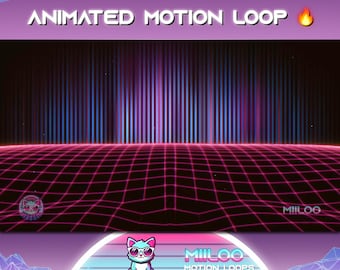 May include: Animated motion loop with a pink and blue grid pattern and a cartoon cat wearing sunglasses. The text "MILOO MOTION LOOPS" is at the bottom of the image.