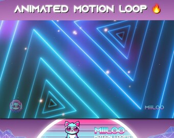 May include: Animated motion loop featuring a neon blue triangle pattern against a dark blue backdrop. The text "MILOO" appears in the bottom right corner of the image. The text "ANIMATED MOTION LOOP" is displayed in the top centre of the image.
