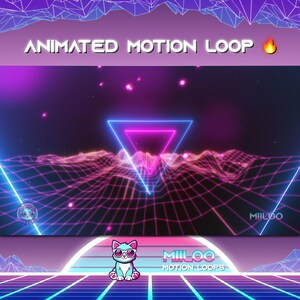 Puede incluir: Bucle de movimiento animado con un triángulo rosa y azul en el centro, un patrón de cuadrícula y un fondo morado y rosa. El texto "MILOO MOTION LOOPS" está en la parte inferior de la imagen.