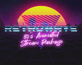 May include: Retro wave 80's animated stream package graphic with a pink and blue color scheme. The graphic features a stylized sun with a triangle shape and a grid pattern. The text "Retro Wave" is in a silver font and the text "80's Animated Stream Package" is in a pink neon font.