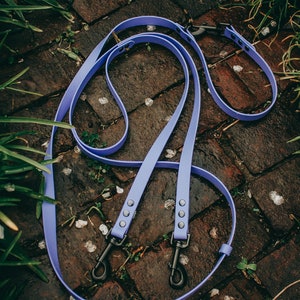 Puede incluir: Una correa doble para perros de color morado con clips de metal negro. La correa está sobre una superficie de ladrillo.