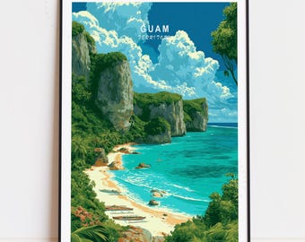 Affiche vintage du territoire de Guam, impression de la côte tropicale, décor des îles du Pacifique