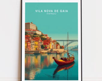 May include: A framed art print featuring a colorful illustration of Vila Nova de Gaia, Portugal. The image shows a red boat on the water, buildings on a hillside, and a bridge. The sky is a teal color.