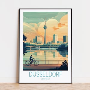 Cartaz de viagem de Düsseldorf, Alemanha, Arte de parede da Alemanha, Impressão da Torre do Reno de Düsseldorf, Decoração para casa, Presentes de aniversário, Cartaz de viagem personalizado