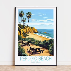 Póster de viaje de Refugio Beach, arte mural de California, impresión de parques estatales de Refugio, regalos de cumpleaños, decoración del hogar, póster de viaje personalizado