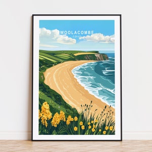 Affiche de voyage Woolacombe en Angleterre, art mural Angleterre, impression Woolacombe Devon, cadeau d'anniversaire, décoration d'intérieur, affiche de voyage personnalisée