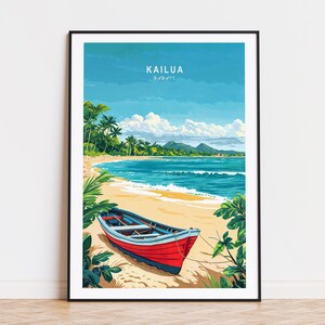Poster de voyage Kailua Hawaii, art mural Hawaii, impression Kailua, affiche de voyage personnalisée, décoration d'intérieur, cadeaux d'anniversaire, paysage urbain minimaliste