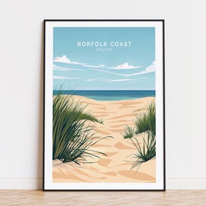 Póster de viaje de la costa de Norfolk, Inglaterra, arte mural de Inglaterra, impresión de la costa de Norfolk, decoración del hogar, regalo de cumpleaños, regalos personalizados