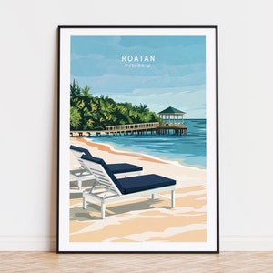 Póster de viaje de Roatán, Honduras, arte mural del Caribe, impresión de Roatán, regalos de cumpleaños, póster de viaje personalizado, decoración del hogar