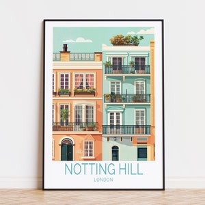 Póster de viaje de Notting Hill, arte mural de Londres, impresión de Notting Hill London, regalos de cumpleaños, decoración del hogar, póster de viaje personalizado