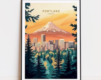 May include: A colourful illustration of the Portland skyline with Mount Hood in the background. The city is depicted with tall buildings and trees in the foreground. The text "PORTLAND OREGON" is displayed at the top of the image.