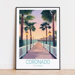 Poster de voyage à Coronado en Californie, art mural en Californie, impression Coronado, cadeau d'anniversaire, décoration d'intérieur, poster de voyage personnalisé