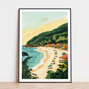 May include: A colorful illustration of a beach scene in Goa, India. The image features a sandy beach with turquoise water, palm trees, and colorful buildings. The text "GOA 1974" is displayed at the top of the image.