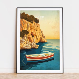 Poster di viaggio Arkoi Grecia, arte murale Grecia, stampa Arkoi, regalo di compleanno, regali di inaugurazione della casa, poster di viaggio personalizzato
