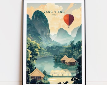 May include: A colorful illustration of a hot air balloon flying over a lush green landscape with mountains in the background. The text "Vang Vieng, Laos" is printed on the image.