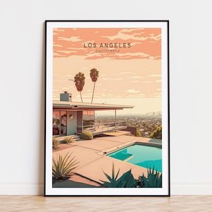 Los Angeles Reiseplakat, Kalifornien Wandkunst, Los Angeles Print, Geburtstagsgeschenke, Stahl House, individuelles Reiseplakat