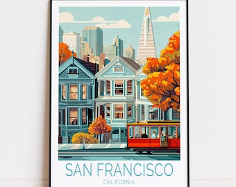 May include: A colorful illustration of San Francisco, California, featuring a cable car, Victorian houses, and the iconic Transamerica Pyramid.
