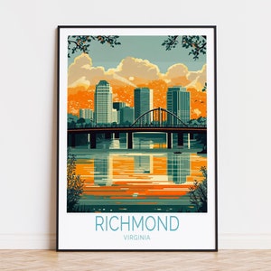 Plakat podróżniczy Richmond Virginia, sztuka ścienna Virginia, wydruk Richmond, wystrój domu, prezent ślubny, spersonalizowany plakat podróżniczy