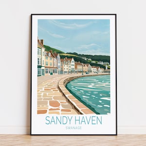 Poster de voyage Sandy Haven, Swanage, art mural Swanage, impression Sandy Haven, cadeaux d'anniversaire, décoration d'intérieur, poster de voyage personnalisé