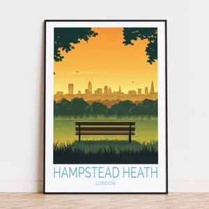 Plakat podróżniczy Hampstead Heath, sztuka ścienna Anglia, wydruk Hampstead Heath London, wystrój domu, prezent urodzinowy, prezenty rocznicowe