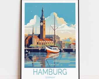 Op de afbeelding: Een kleurrijke illustratie van de skyline van Hamburg met een hoge kerktoren en een boot in het water. De tekst "HAMBURG DUITSLAND" staat onderaan de afbeelding.