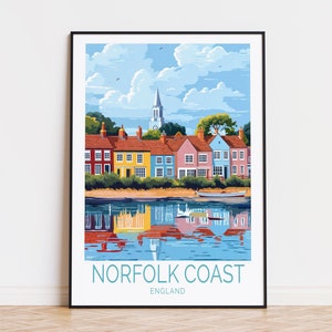 Affiche de voyage sur la côte de Norfolk, art mural Angleterre, impression de la côte de Norfolk, cadeau d'anniversaire, affiche de voyage personnalisée, décoration d'intérieur
