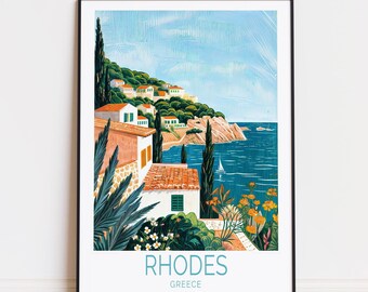 Plakat podróżniczy Rodos Grecja, sztuka ścienna Grecja, wydruk Rodos, wystrój domu, prezenty urodzinowe, prezent ślubny, spersonalizowany plakat podróżniczy