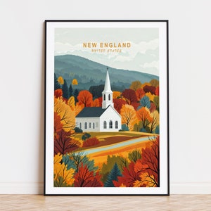 Poster de voyage Nouvelle-Angleterre, États-Unis, art mural, impression de la Nouvelle-Angleterre, décoration d'intérieur, cadeaux personnalisés, cadeau d'anniversaire