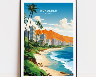 Honolulu Hawaii Travel Poster, Hawaii Wall Art, Honolulu Hawaii Coast Print, Birthday Gifts, Wedding Present, Home Decor