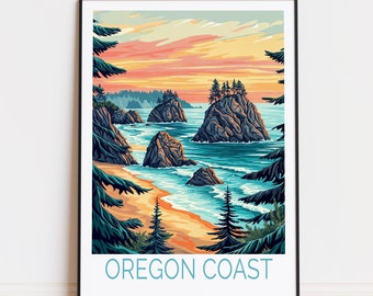 May include: A colorful illustration of a rocky Oregon coastline with a sunset sky, ocean waves, and green trees. The text "OREGON COAST" is at the bottom of the image.