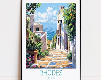 Plakat z podróży Rodos, sztuka ścienna z Grecji, wydruk z Rodos w Grecji, wystrój domu, prezenty urodzinowe, prezent ślubny, spersonalizowany plakat z podróży
