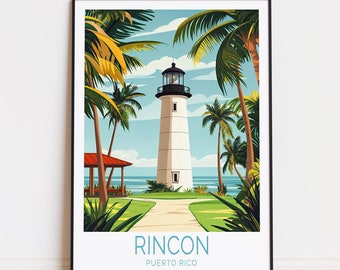 Peut inclure: Une illustration de style vintage d'un phare blanc avec un toit noir et un kiosque au toit rouge au premier plan. Des palmiers entourent le phare et l'océan est visible en arrière-plan. Le texte "RINCON PUERTO RICO" est en bas de l'image.
