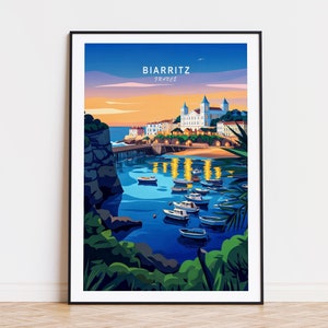 Póster de viaje de Biarritz, Francia, arte mural de Francia, impresión de Biarritz, regalo de boda, decoración del hogar, póster de viaje personalizado, paisaje urbano minimalista