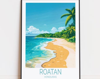 Póster de viaje de Roatán, Honduras, arte mural del Caribe, impresión de Roatán, regalo de cumpleaños, póster de viaje personalizado, regalos de inauguración de la casa