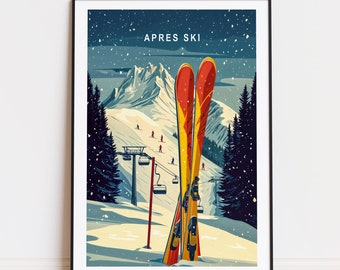 May include: A retro-style illustration of a snowy mountain scene with two pairs of skis in the foreground. The text "APRES SKI" is at the top of the image.