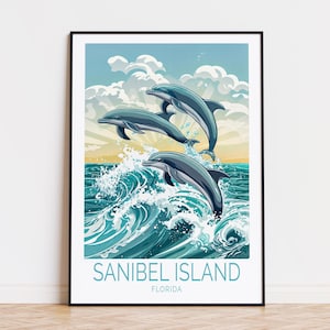 Sanibel Island Reiseplakat, Florida Wandkunst, Sanibel Island Delfindruck, Geburtstagsgeschenke, Wohnkultur, personalisiertes Reiseplakat