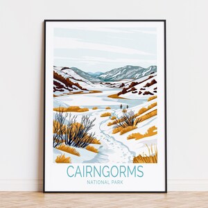 Póster de viaje de Cairngorms, Escocia, arte mural de Escocia, impresión del parque nacional de Cairngorms, decoración de viaje para el hogar, regalos de cumpleaños