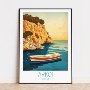 Póster de viaje de Arkoi Grecia, arte mural de Grecia, impresión de Arkoi Mar Egeo, decoración del hogar, regalos de cumpleaños, póster de viaje personalizado