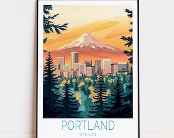 May include: A colourful illustration of the Portland skyline with Mount Hood in the background. The city is surrounded by trees and the text "PORTLAND OREGON" is at the bottom of the image.