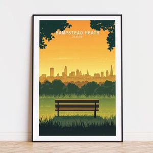 Poster de voyage Hampstead Heath, art mural Londres, impression Hampstead Heath Angleterre, décoration d'intérieur, cadeaux d'anniversaire, paysage urbain minimaliste