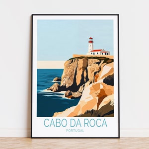 May include: A colourful illustration of a lighthouse on a cliff overlooking the ocean. The text "Cabo da Roca, Portugal" is below the image.